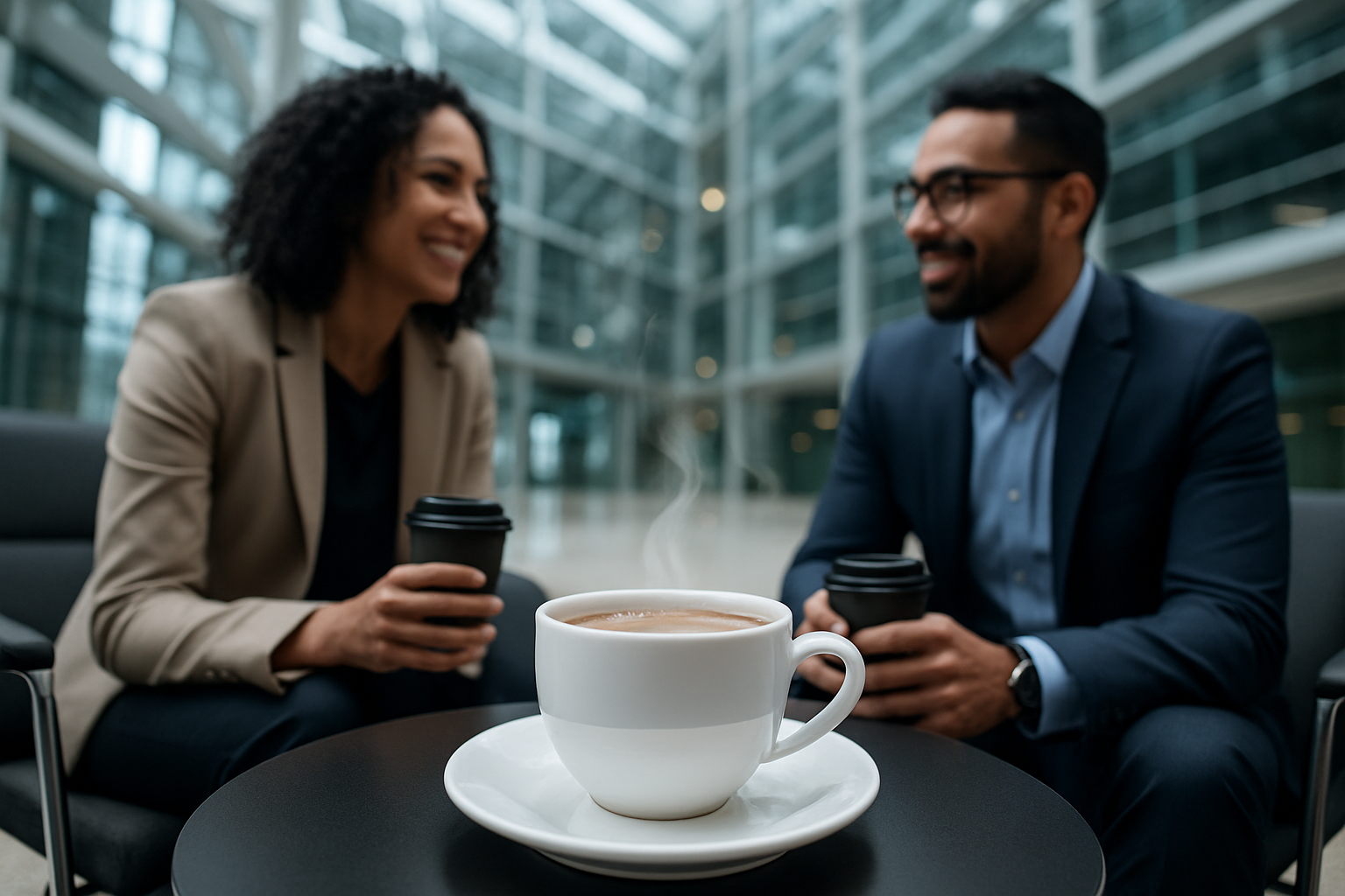 Two colleagues chatting over coffee in a modern atrium